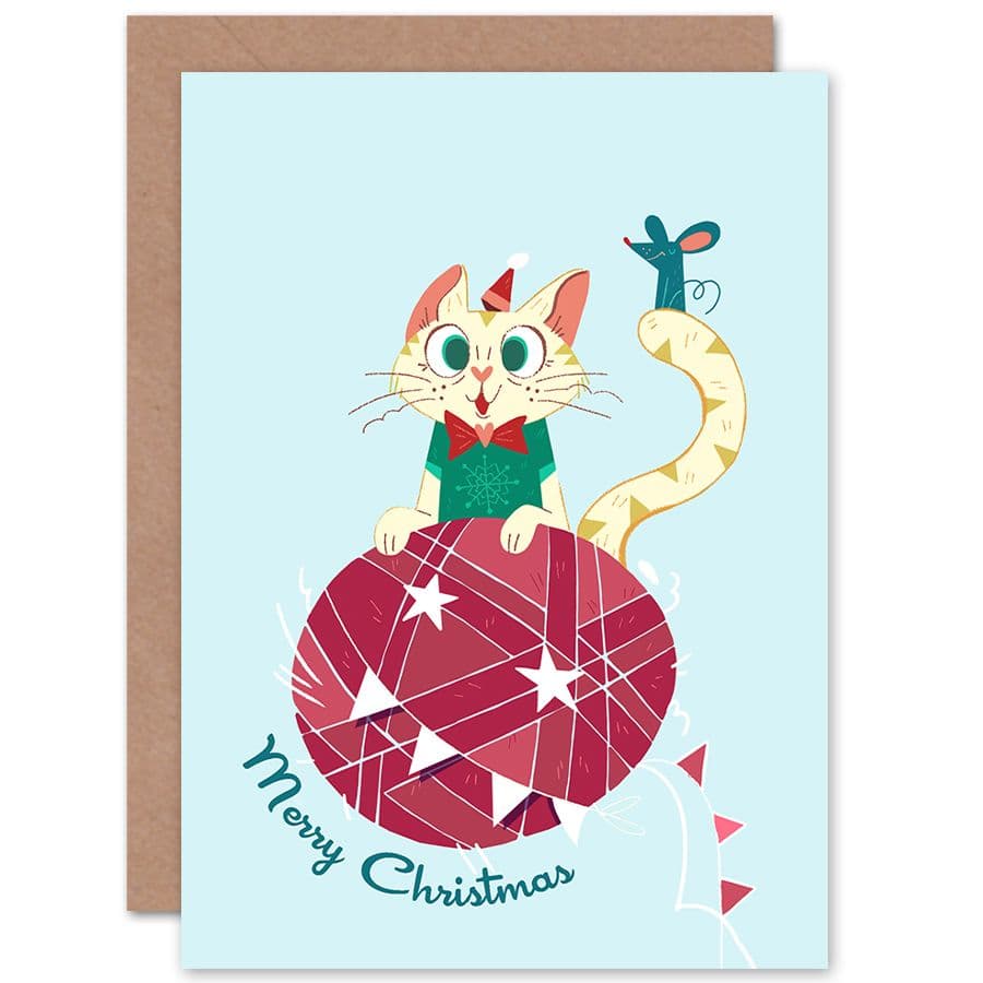 Cute Cat And Mouse Christmas Card Blue Greetings Card