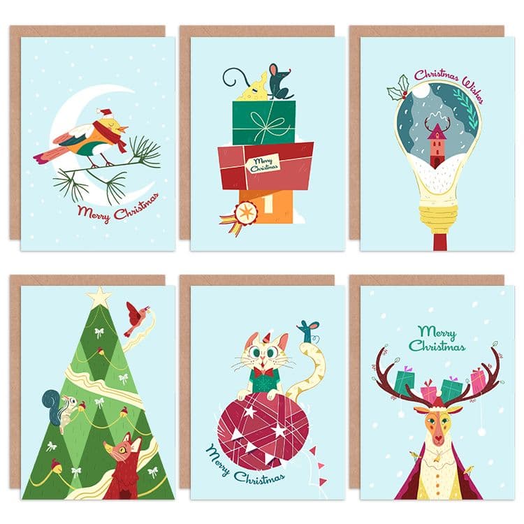 Festive Cute Quirky Christmas Greeting Cards Envelopes Pack 6