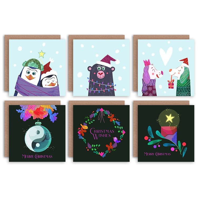 Festive Xmas Animals Christmas Greeting Cards With Envelopes Pack of 6