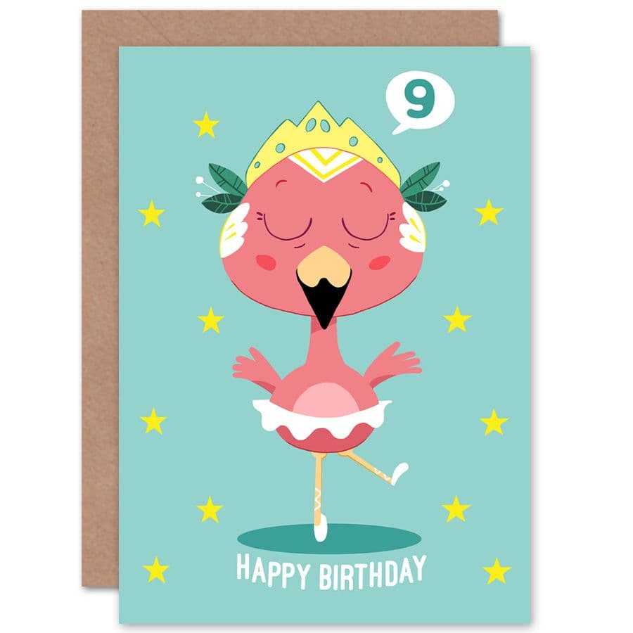 Kawaii Flamingo Ballet 9th Birthday Greetings Card