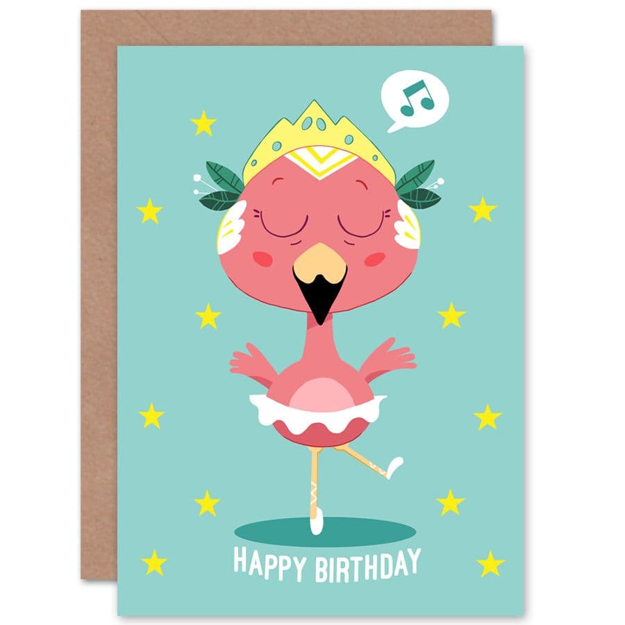Kawaii Flamingo Ballet Birthday Greetings Card
