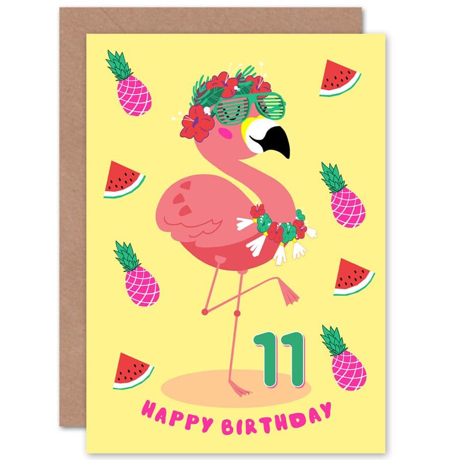 Kawaii Flamingo 11th Birthday Greetings Card