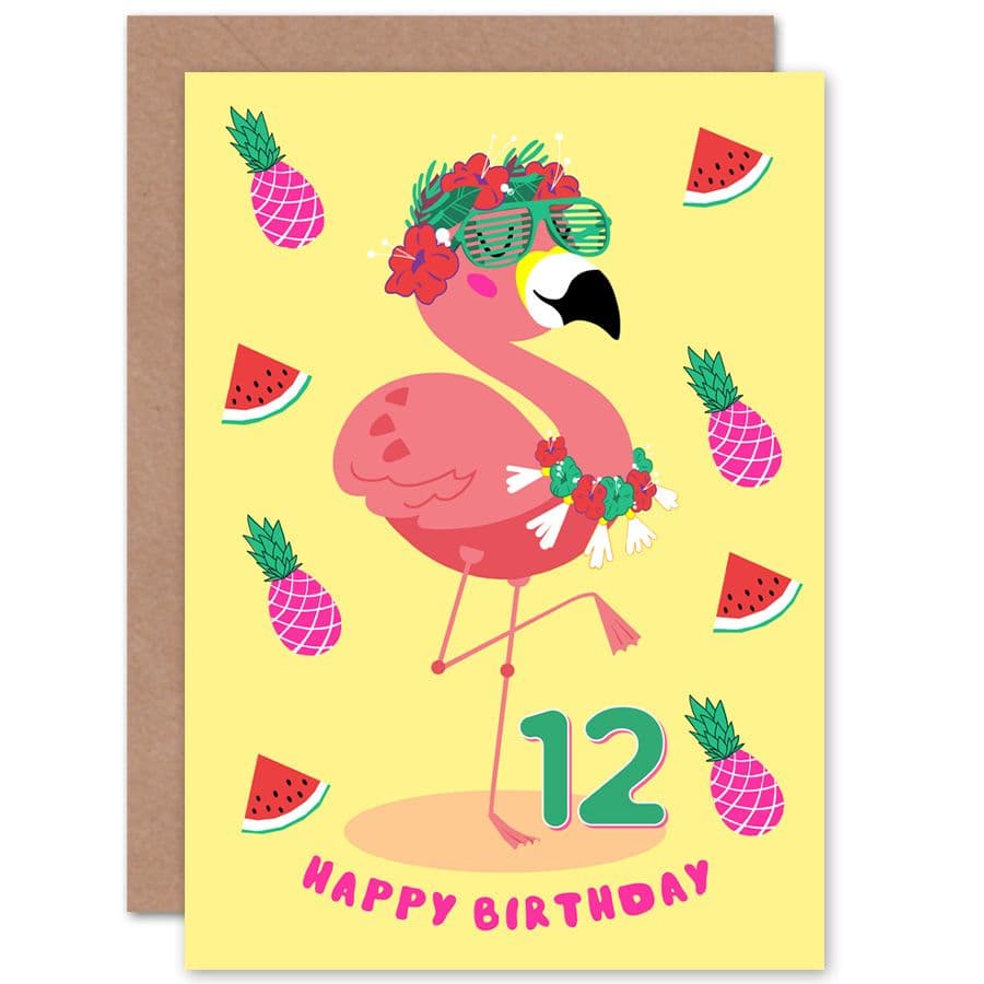 Kawaii Flamingo 12th Birthday Greetings Card