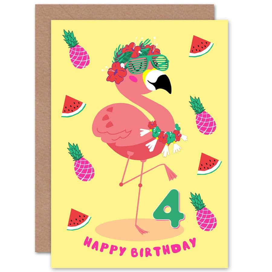 Kawaii Flamingo 4th Birthday Greetings Card