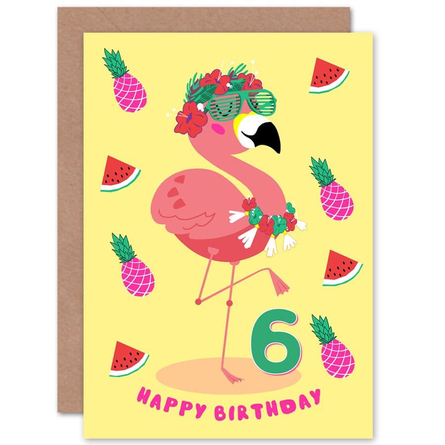 Kawaii Flamingo 6th Birthday Greetings Card