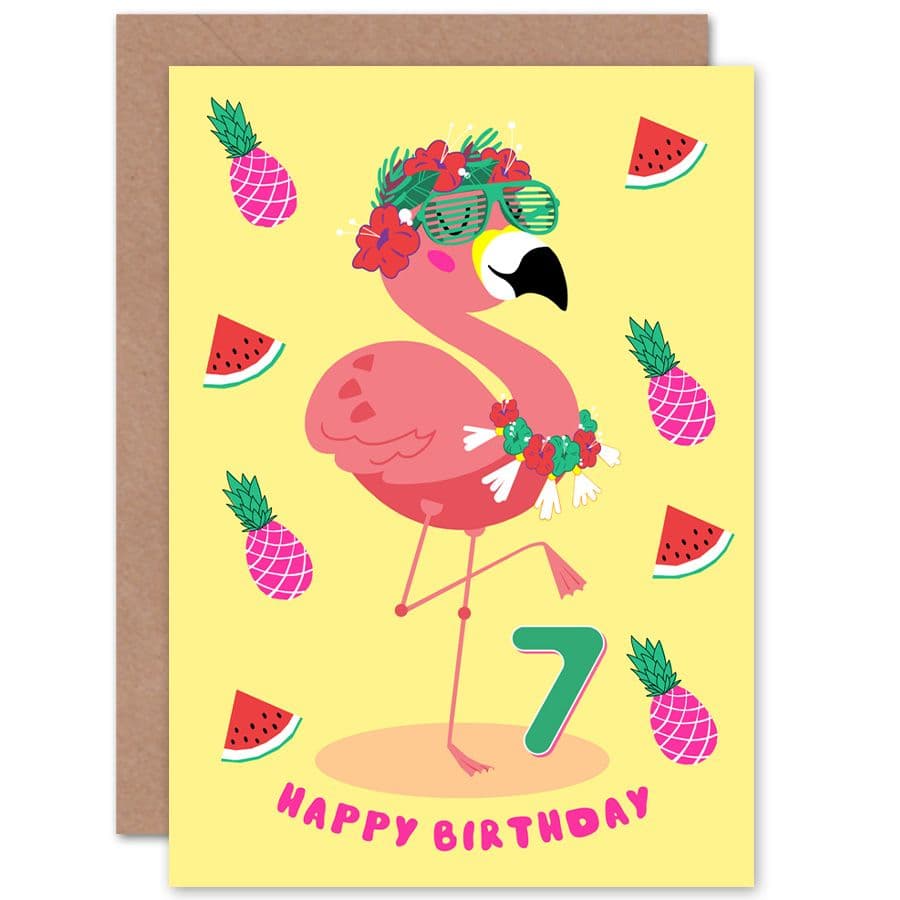 Kawaii Flamingo 7th Birthday Greetings Card