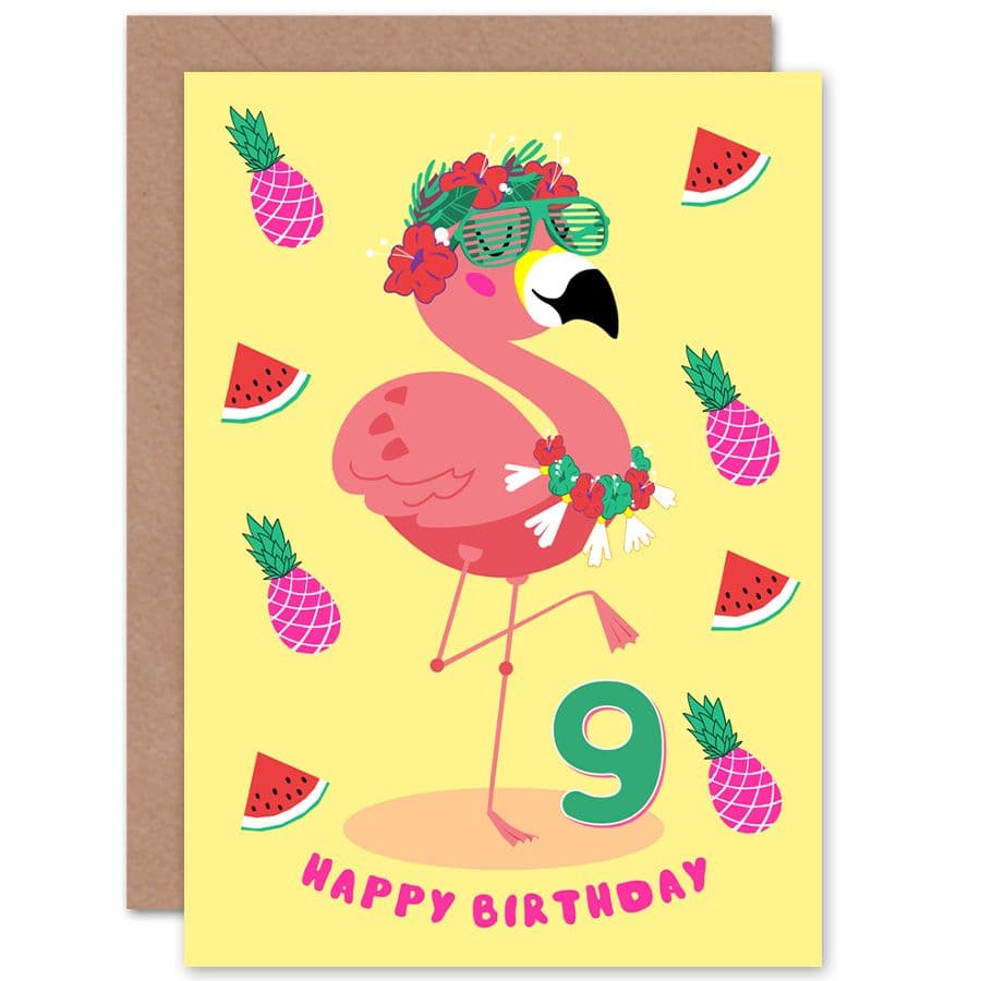 Kawaii Flamingo 9th Birthday Greetings Card
