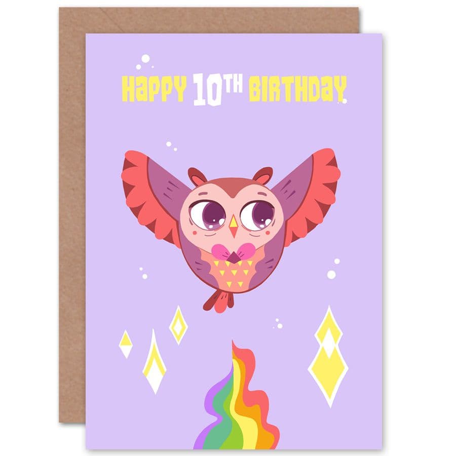 Kawaii Cute Owl Flying 10th Birthday Greetings Card