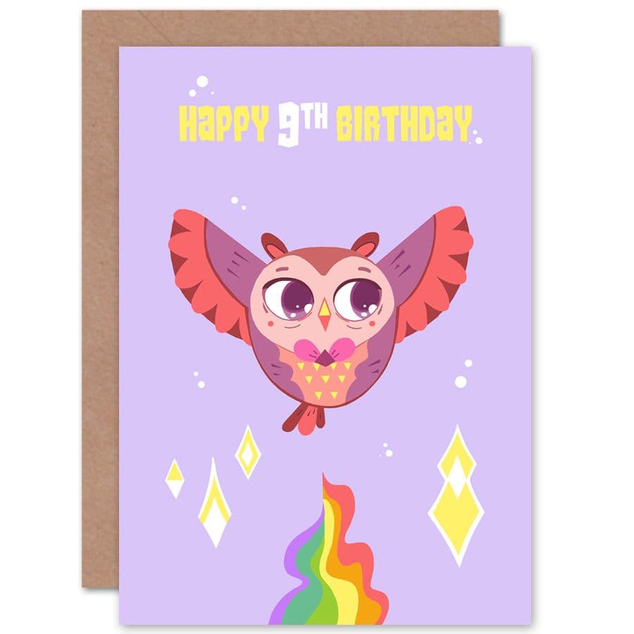 Kawaii Cute Owl Flying Pink 9th Birthday Greetings Card