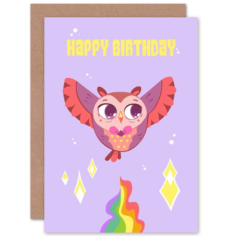 Kawaii Cute Owl Flying Pink Birthday Greetings Card
