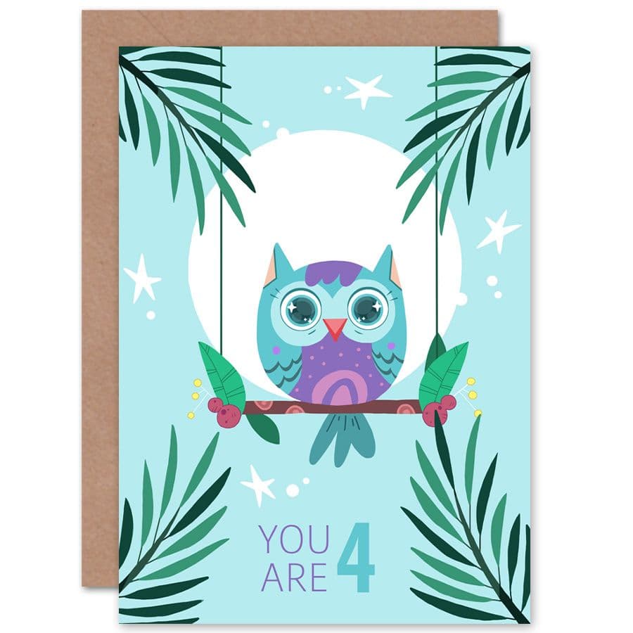 Kawaii Owl Perch Birthday You are 4 Greetings Card
