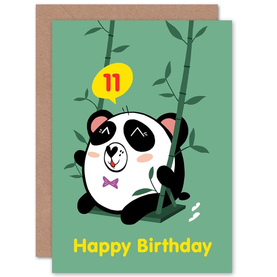 Kawaii Panda Swing 11th Birthday Greetings Card