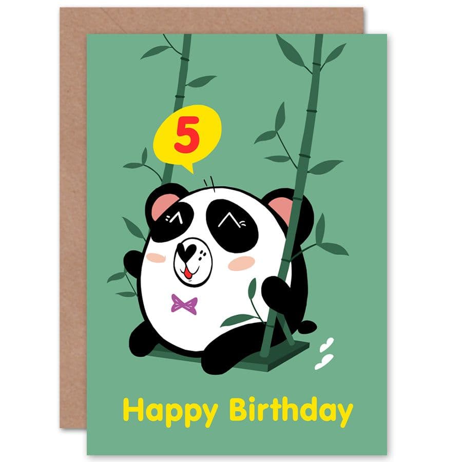 Kawaii Panda Swing 5th Birthday Greetings Card