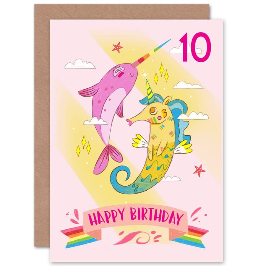 Unicorn Seahorse Narwhal 10th Birthday Greetings Card