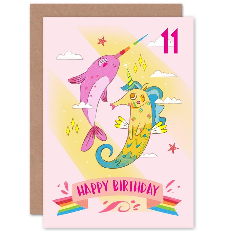 Unicorn Seahorse Narwhal 11th Birthday Greetings Card