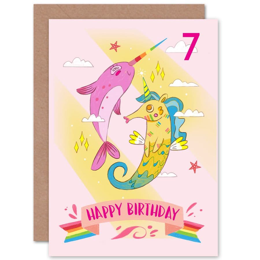Unicorn Seahorse Narwhal 7th Birthday Greetings Card