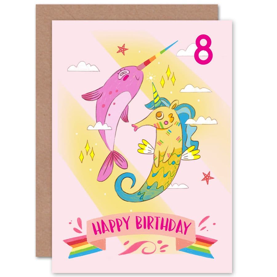 Unicorn Seahorse Narwhal 8th Birthday Greetings Card