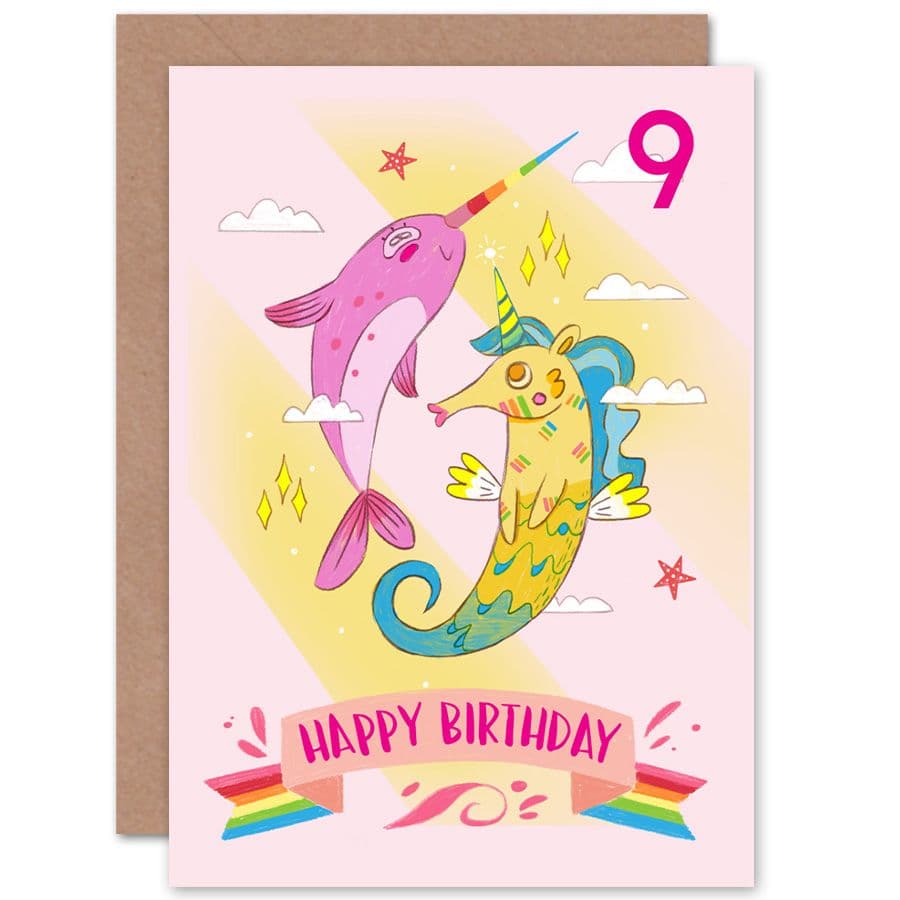 Unicorn Seahorse Narwhal 9th Birthday Greetings Card