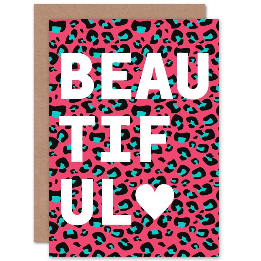 Leopard Words Beautiful Pink Teal Greetings Card