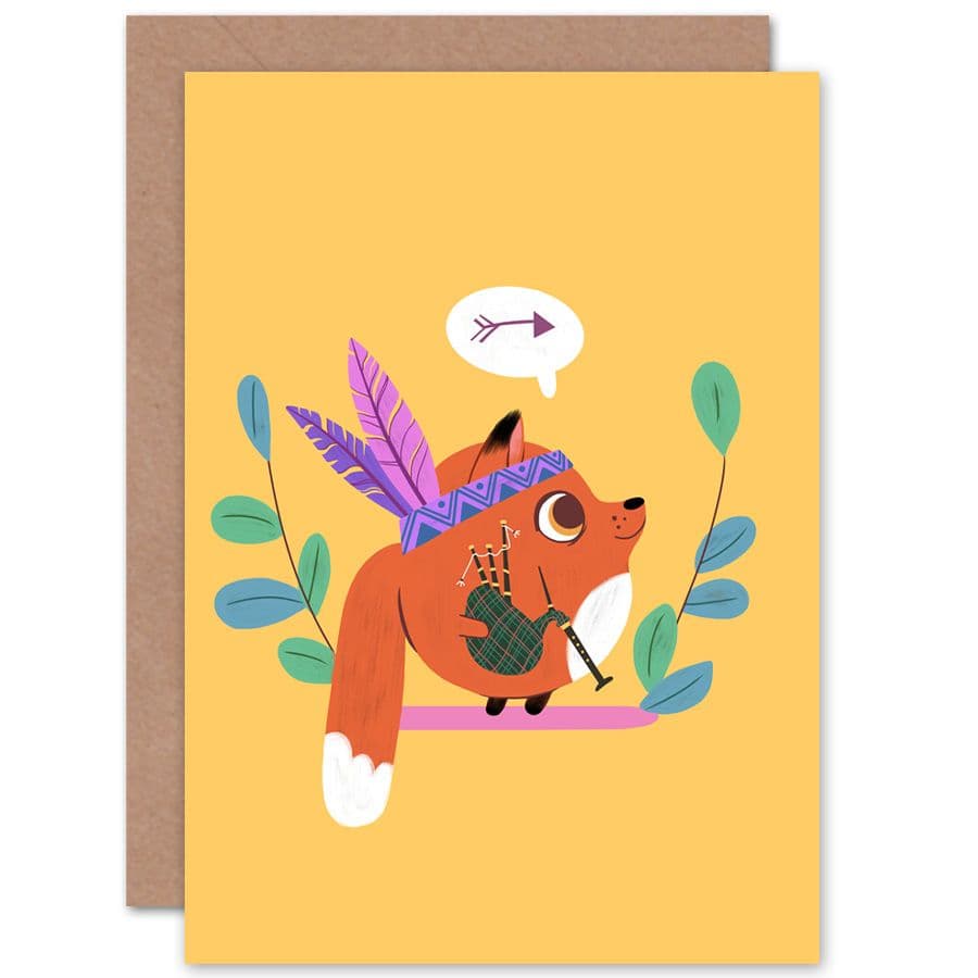 Fox Bagpipes Feather Headband Cute Greetings Card
