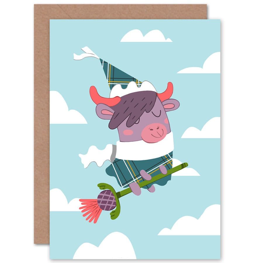 Kawaii Cow Thistle Witch Greetings Card