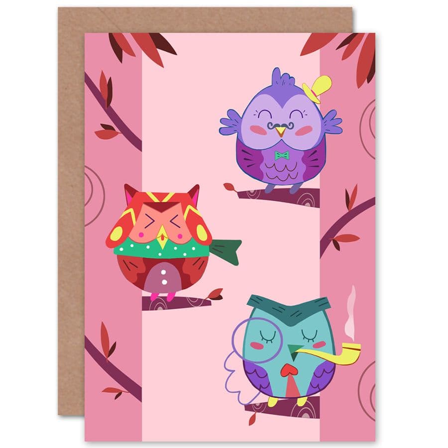 Kawaii Owls Tree Greetings Card