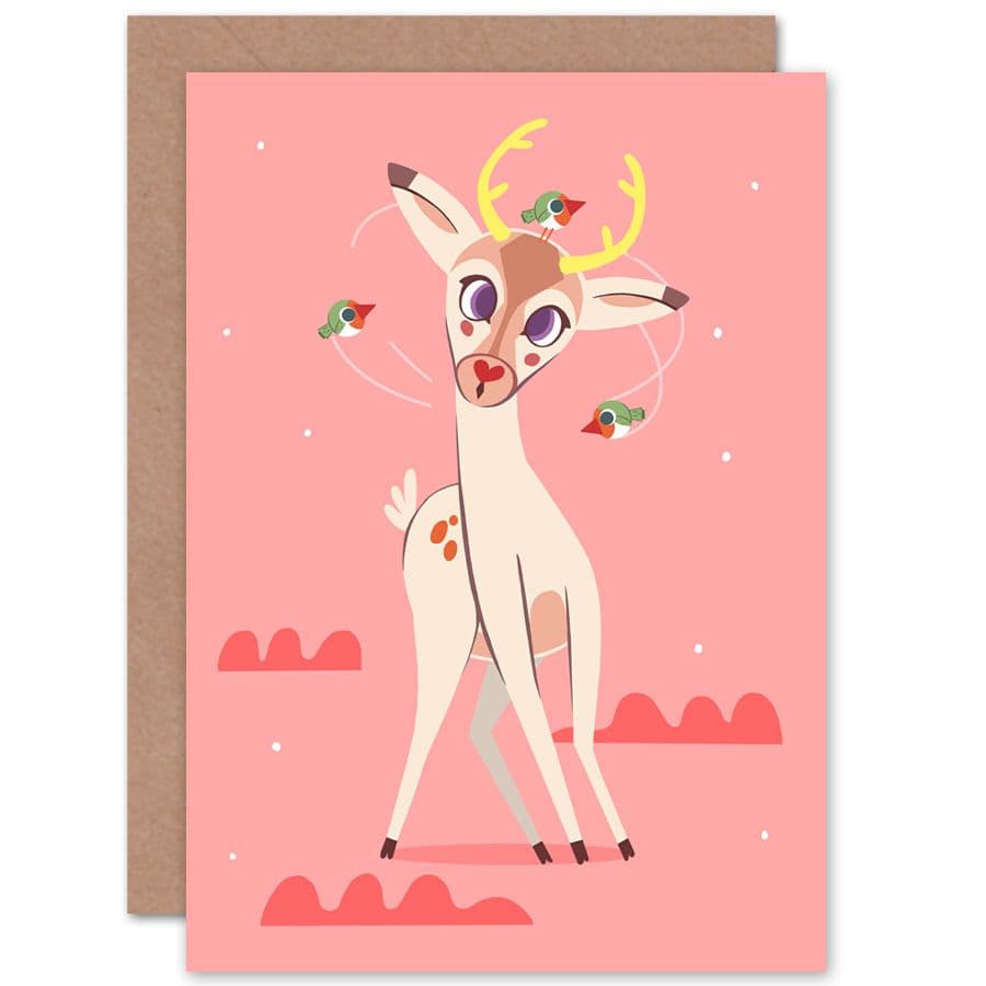 Stag Dazed With Birds Cute New Baby Greetings Card