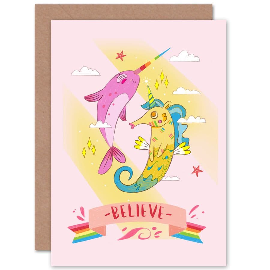 Unicorn Seahorse Narwhal Believe Greetings Card