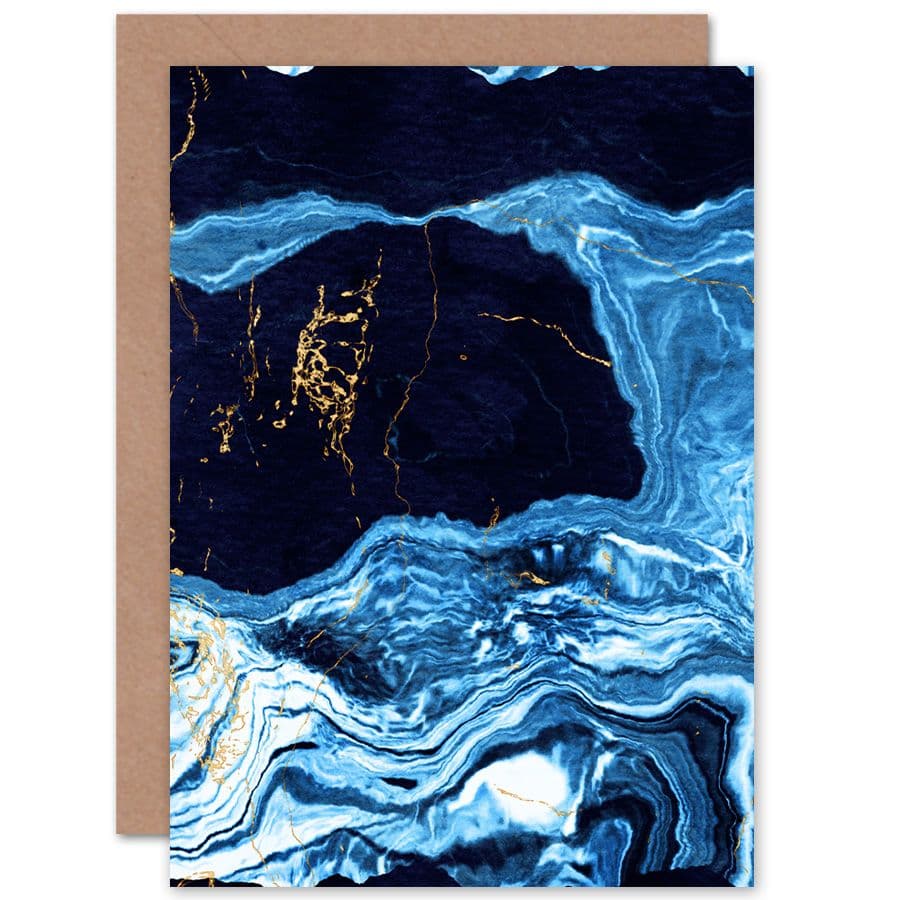 Abstract Dark Blue Gold Drips Greetings Card