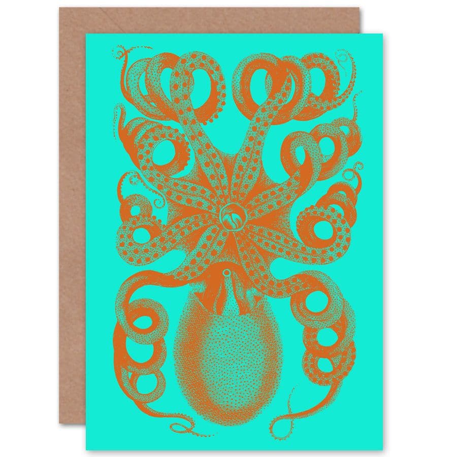 Octopus Orange Blue Greetings Card