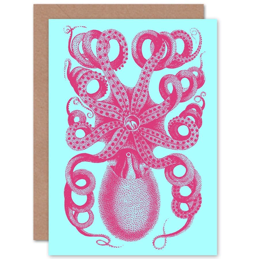 Pink Octopus Blue Greetings Card