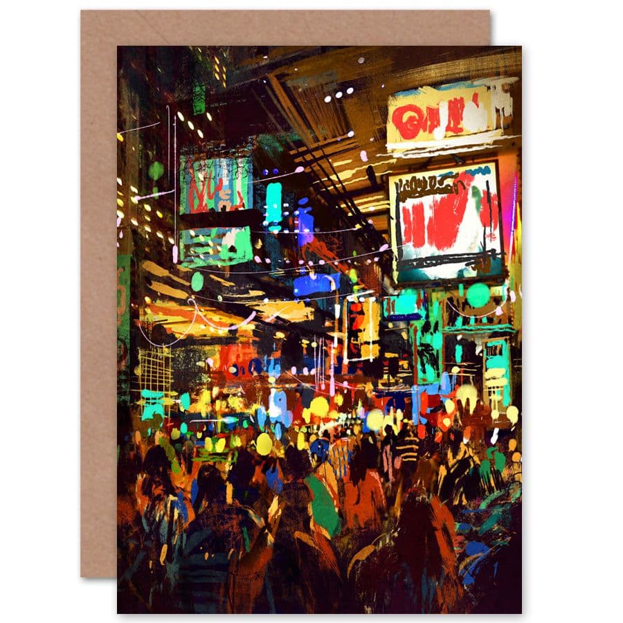 Crowded Cityscape at Night Greetings Card