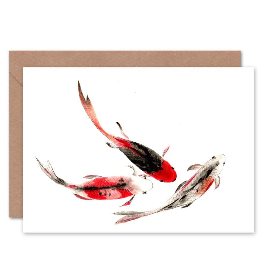Japan Koi Fish Black And Red Greeting Card With Envelope Inside Premium Quality