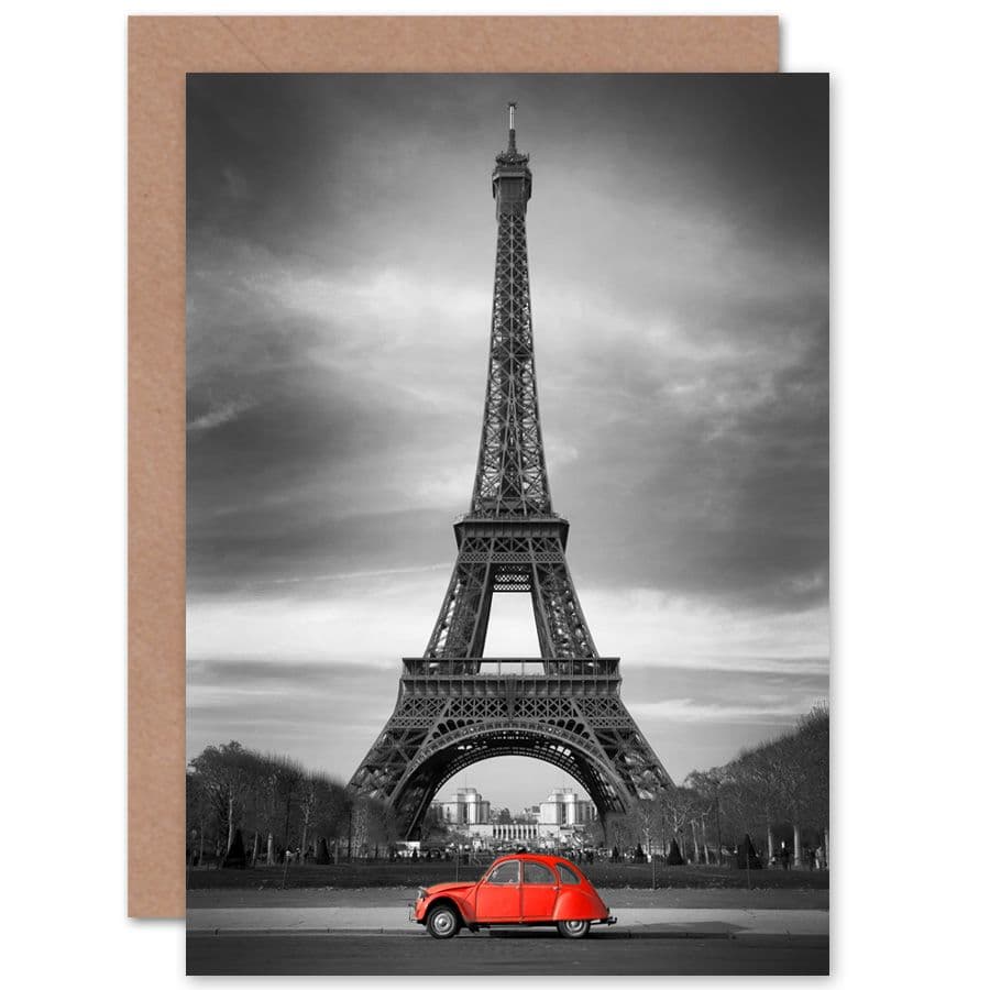 Eiffel Tower In Paris Red Car Greetings Card
