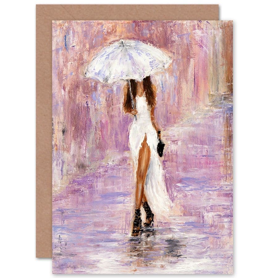 Woman Rain Umbrella Greetings Card