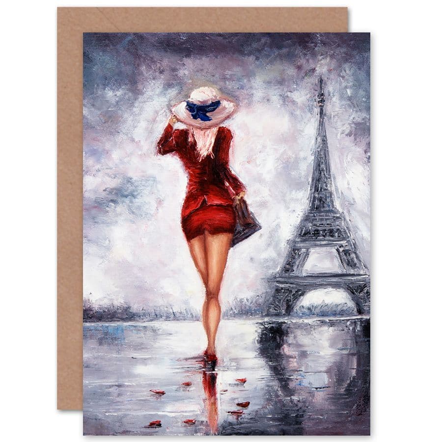 Lady Wearing Red In Paris Greetings Card