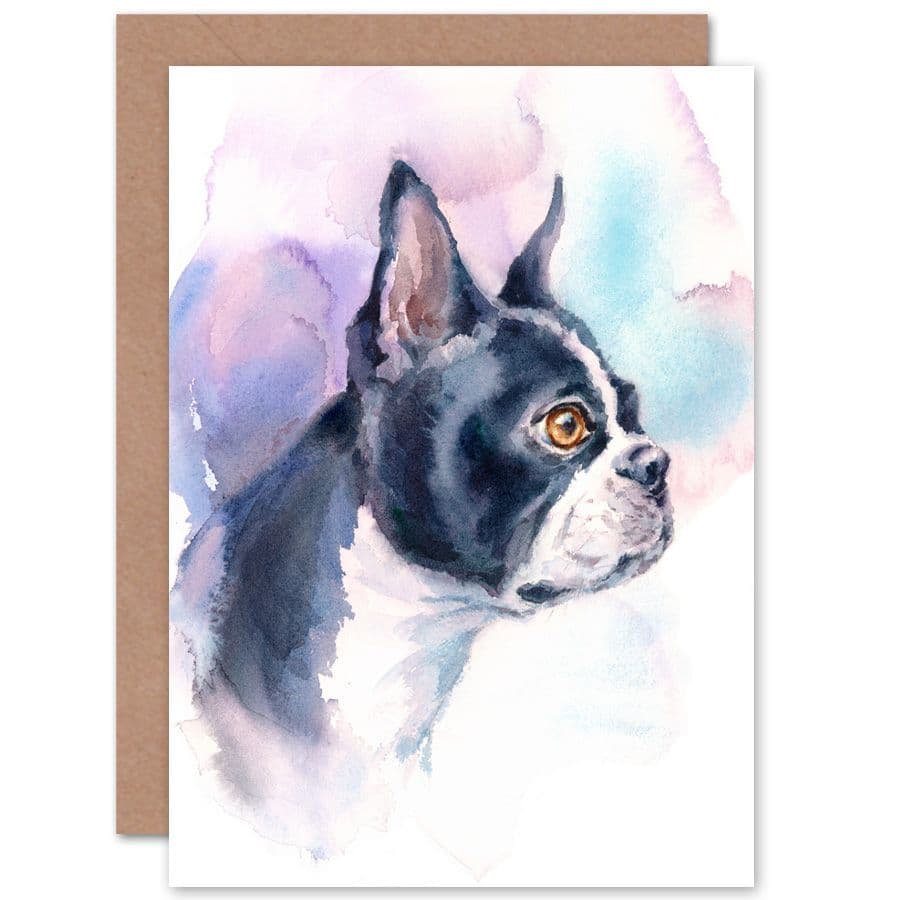 Dog Boston Terrier Watercolour Greetings Card
