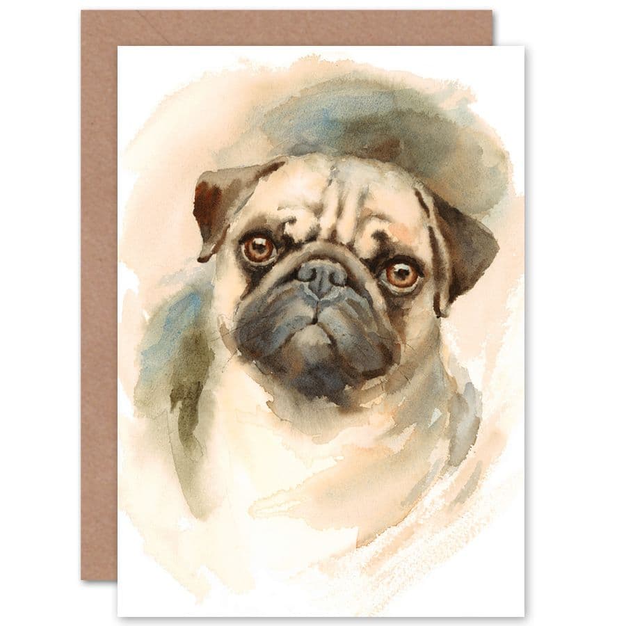 Dog Pug Watercolour Greetings Card