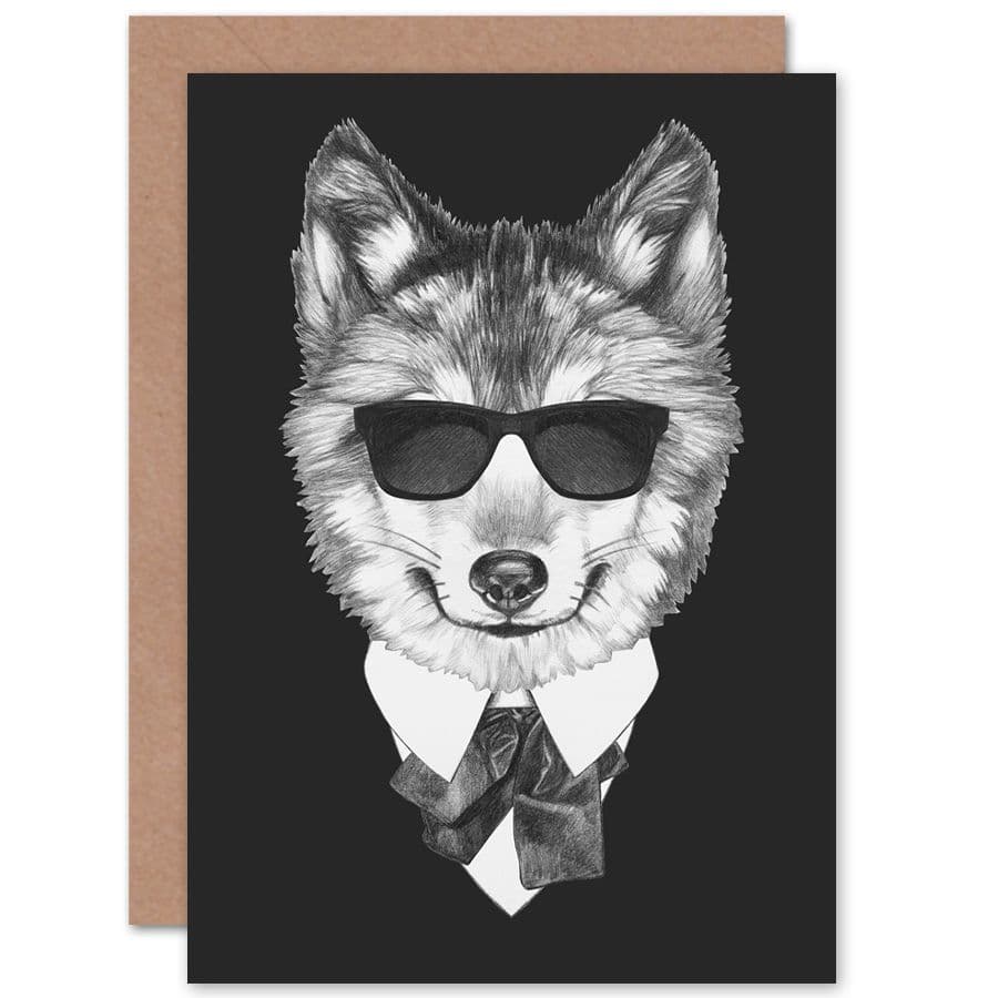 Bow Tie Wolf With Sunglasses Greetings Card