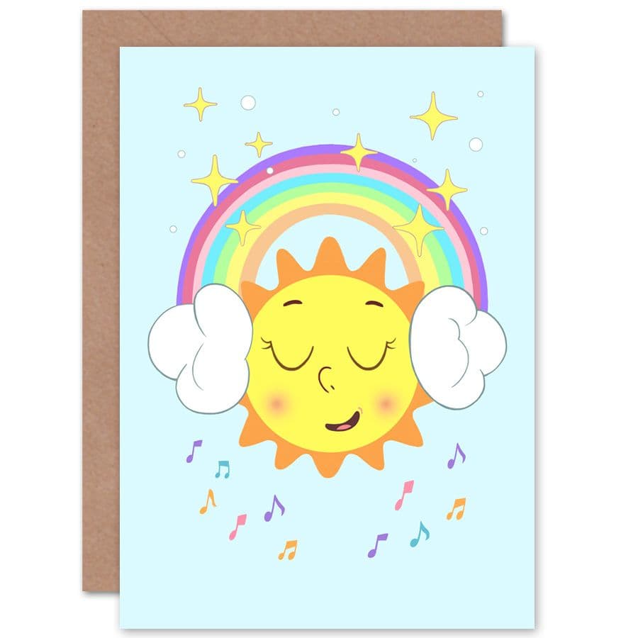 Rainbow Headphones Musical Sun Greetings Card