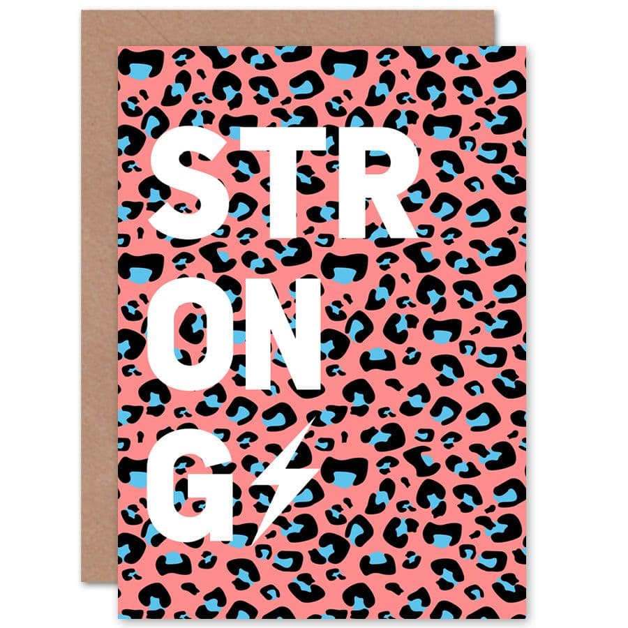 Leopard Coral And Blue Strong Words Greetings Card