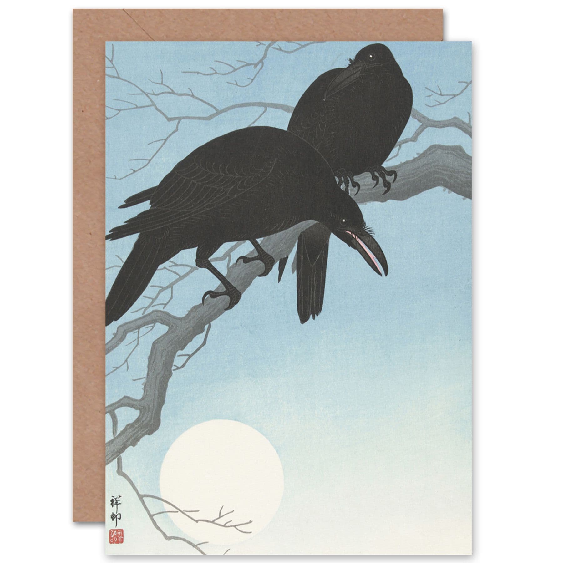 Ohara Koson Two Crows Tree Branch Japan Woodcut Fine Art Greetings Card