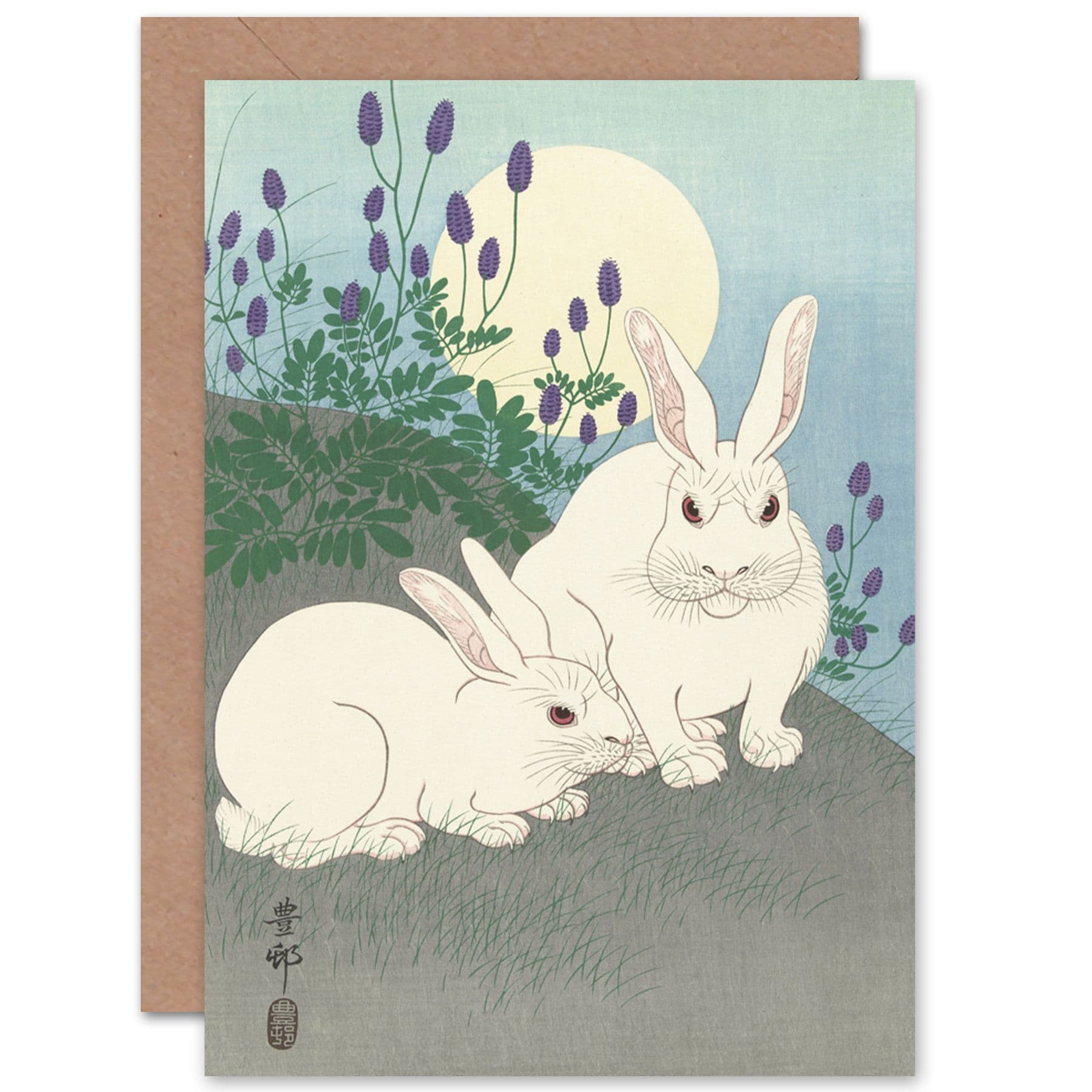 Ohara Koson Rabbits Full Moon Japan Woodcut Fine Art Greetings Card