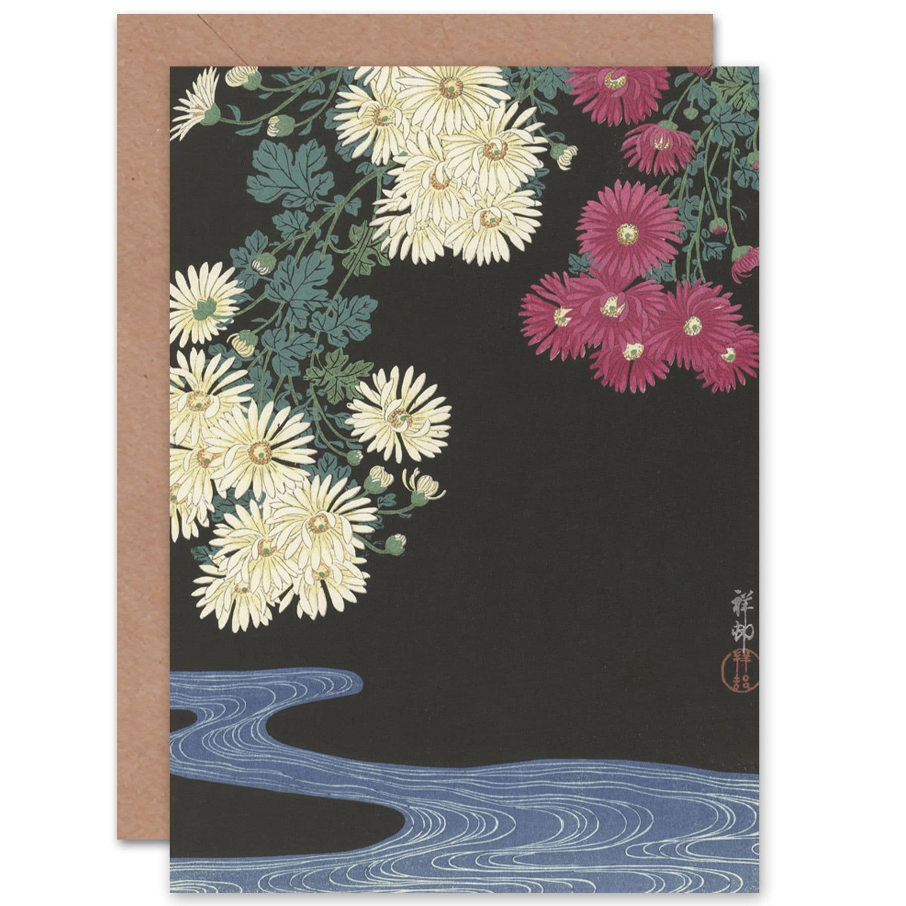 Ohara Koson Chrysanthemums Running Water Japan Fine Art Greetings Card