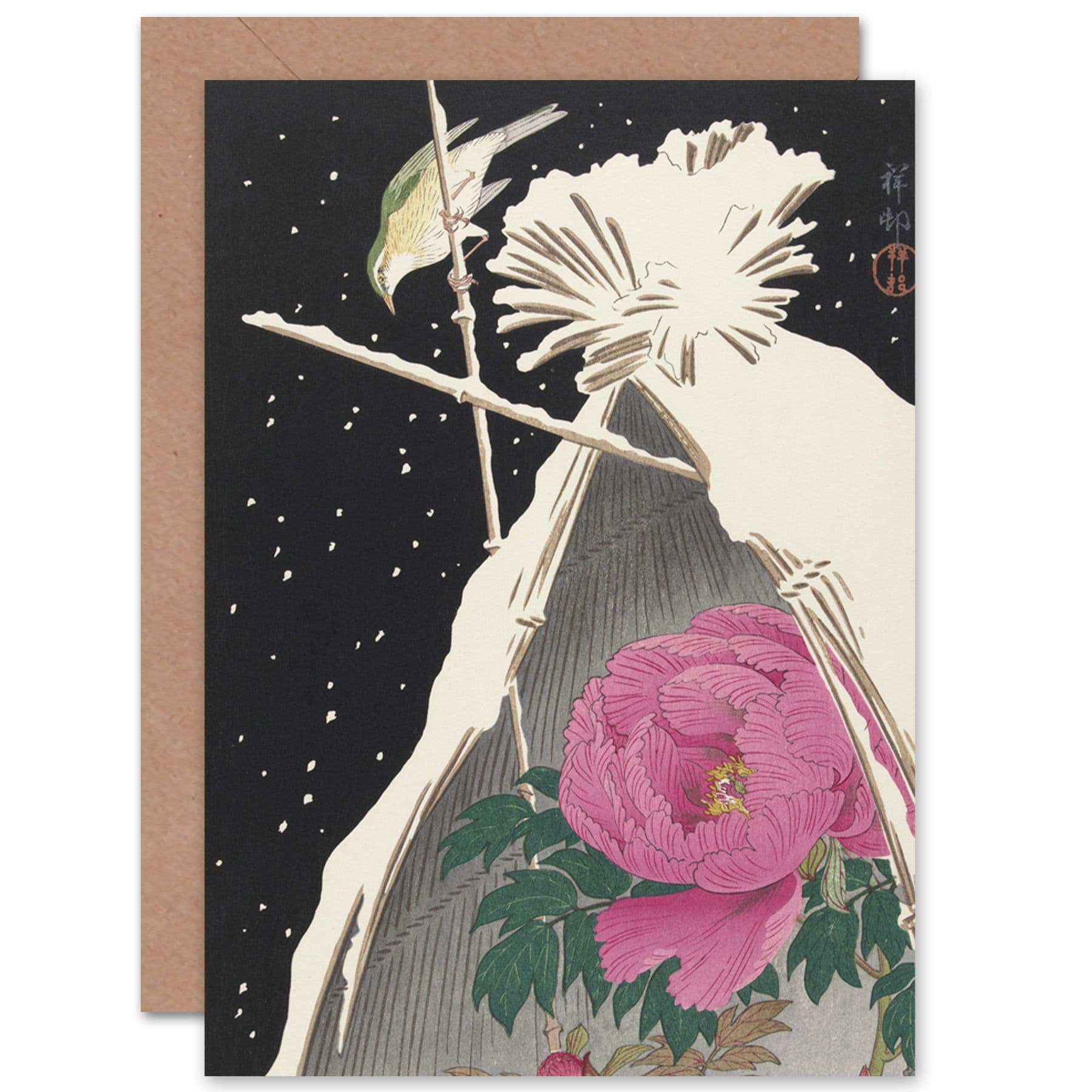Ohara Koson Siberian Bluechat Next To Peony Fine Art Greetings Card
