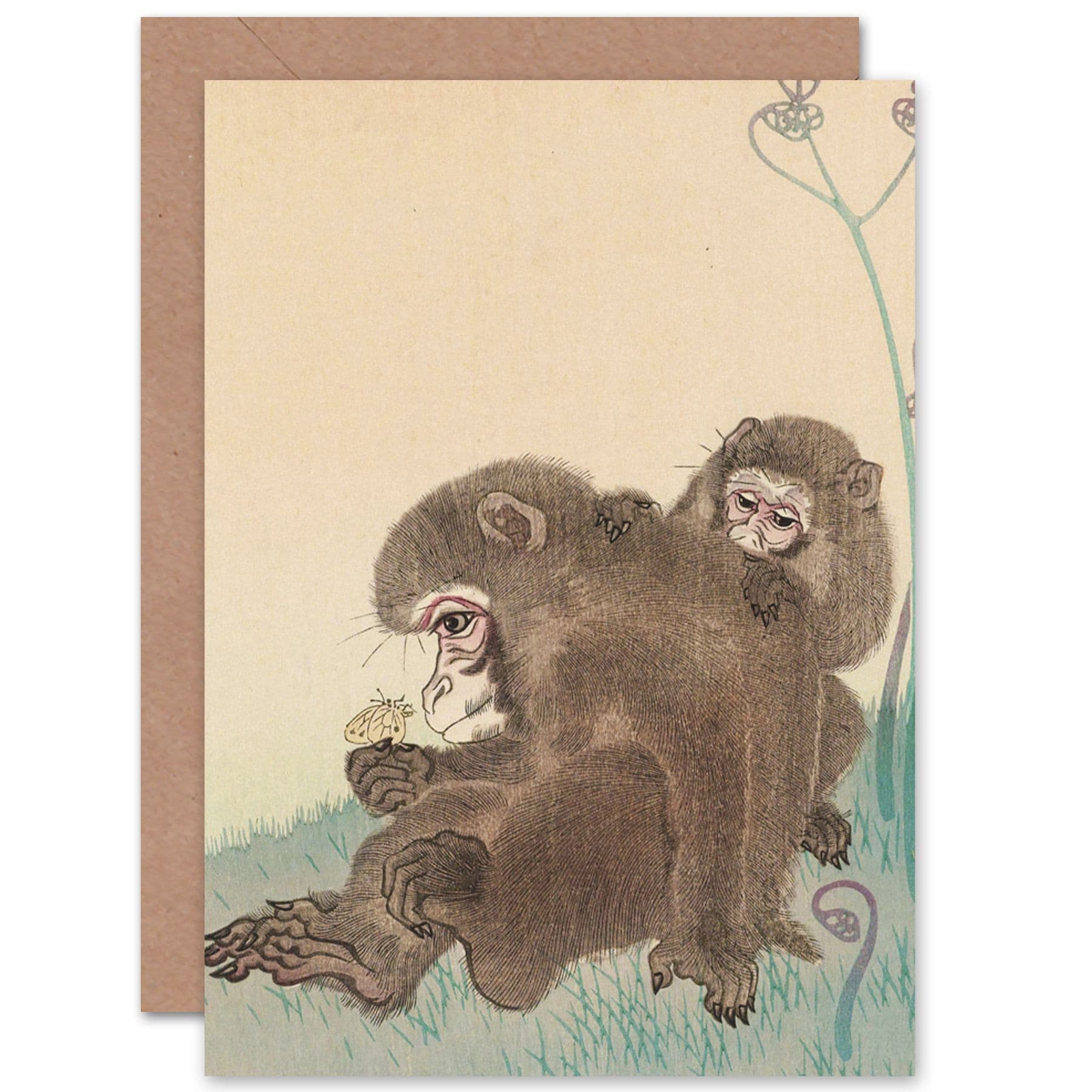 Ohara Koson Two Monkeys With Butterfly Painting Fine Art Greetings Card
