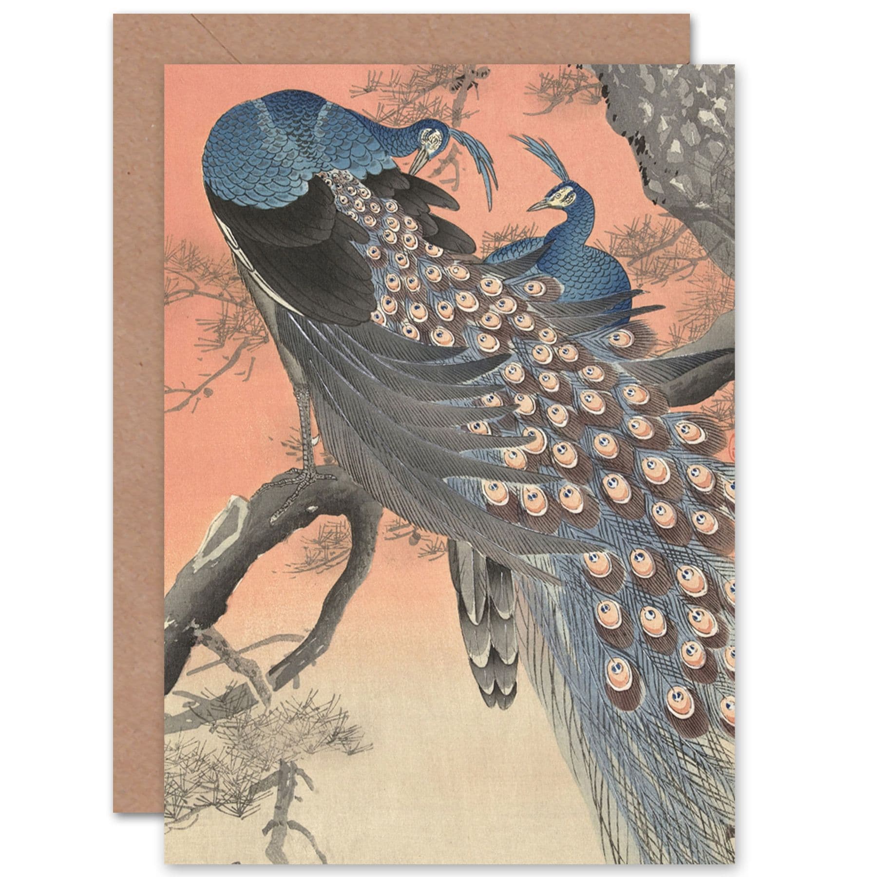 Ohara Koson Two Peacocks On Tree Branch Painting Fine Art Greetings Card