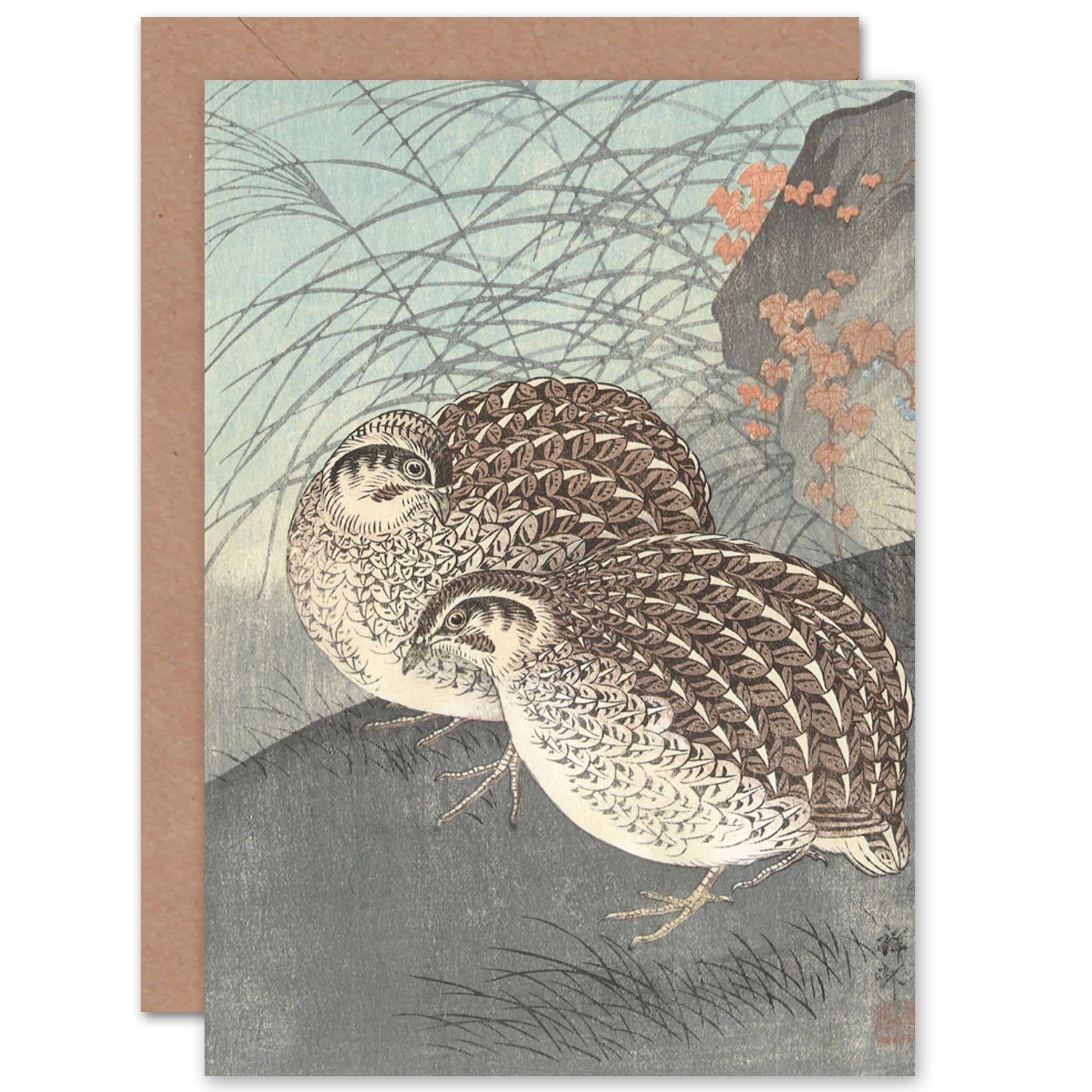 Ohara Koson Two Quail Full Moon Japan Painting Fine Art Greetings Card