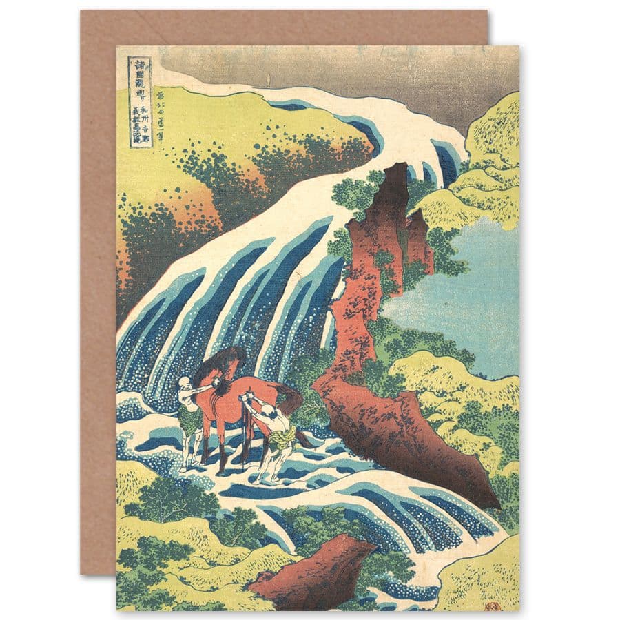Hokusai Waterfall Yoshitsune Wash Horse Yamato Province Greetings Card