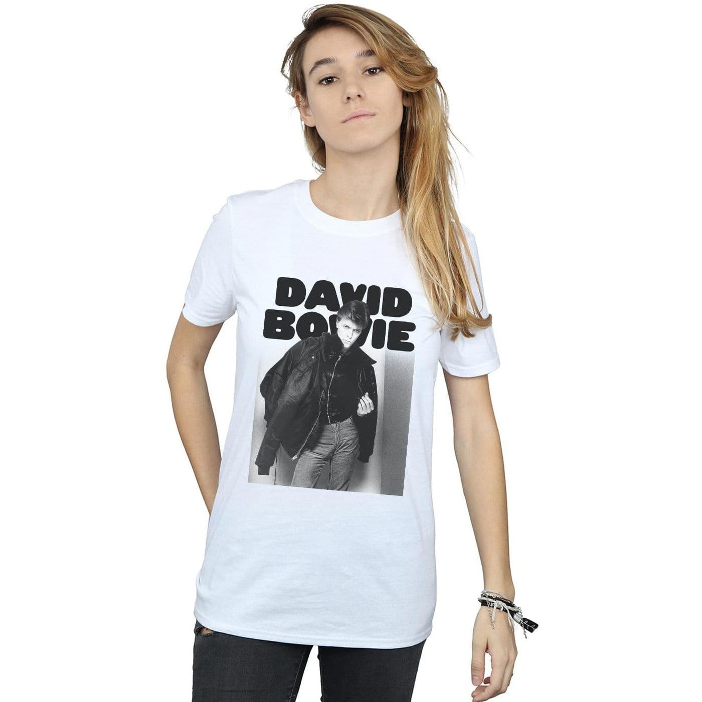 David Bowie Women's Jacket Photograph Cotton Boyfriend T-Shirt in White | Size: 3XL